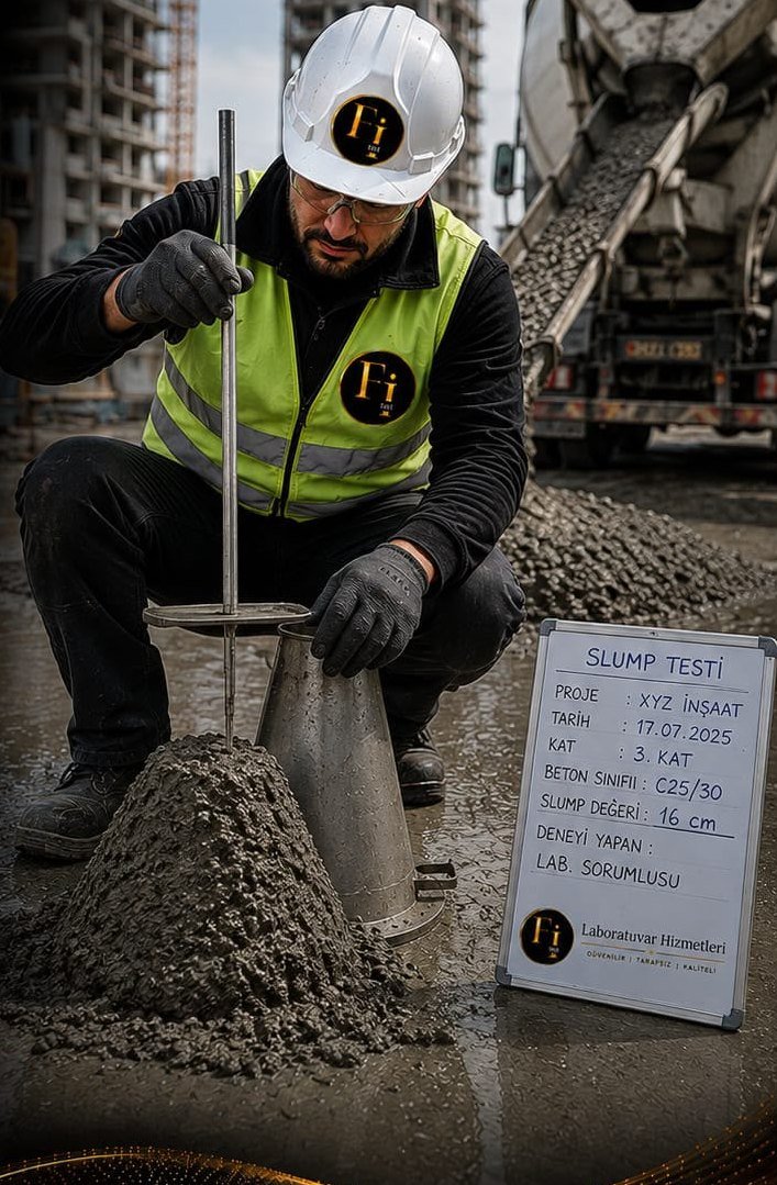 Şantiyede taze beton slump çökme testi